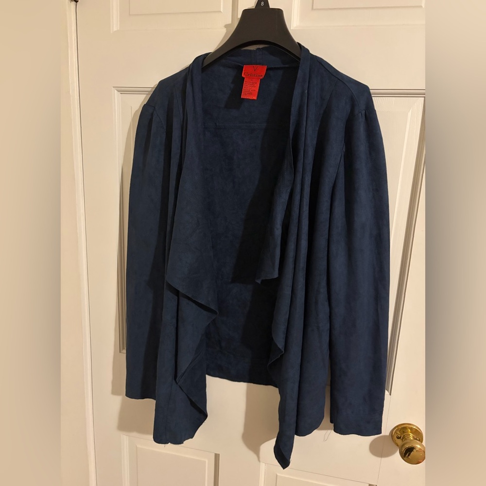 Faux Suede Jacket Draped Open Front V Cristina Dark Blue Sz XL
